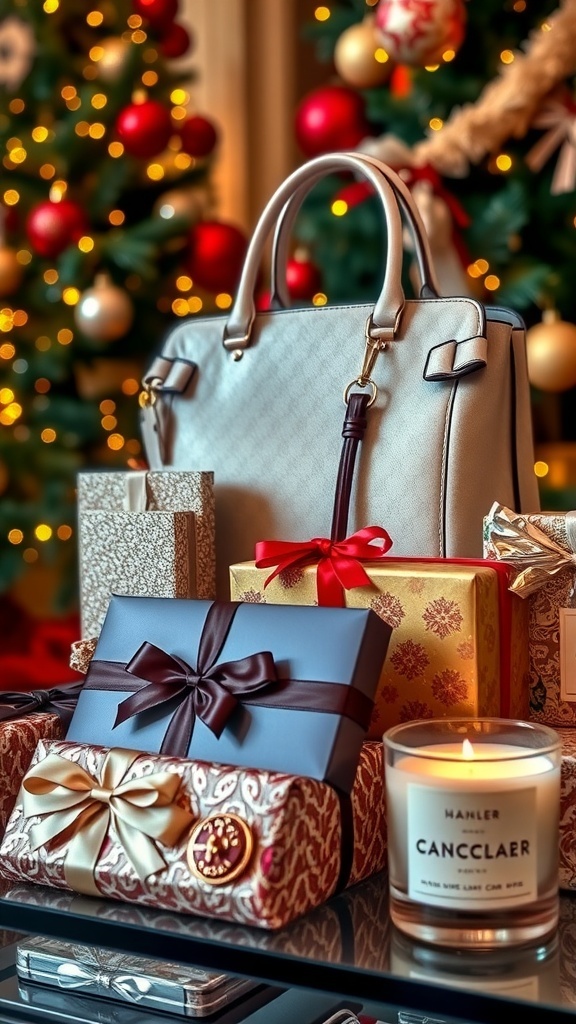 Luxurious Christmas gifts including a handbag, chocolates, and candles, beautifully wrapped and displayed with Christmas decorations.